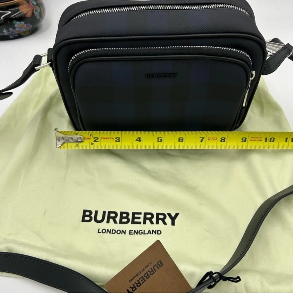 Men’s Burberry check messenger bag in navy blue. Adjustable shoulder strap NWT.